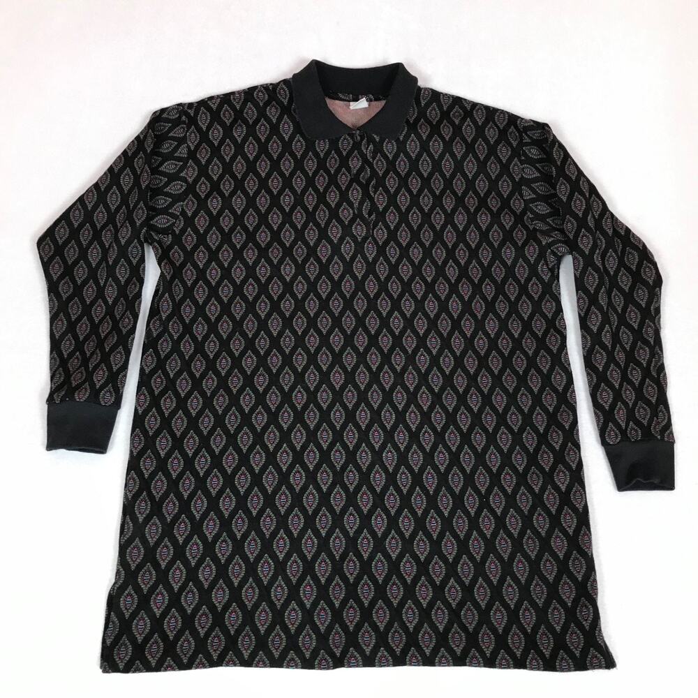 Vintage 90s Units Diamond Geometric Print Long Sleeve Black Polo Shirt